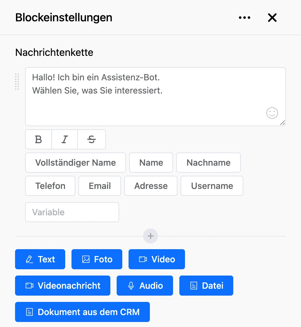 Blockeinstellungen: das Feld mit dem Begrüßungstext