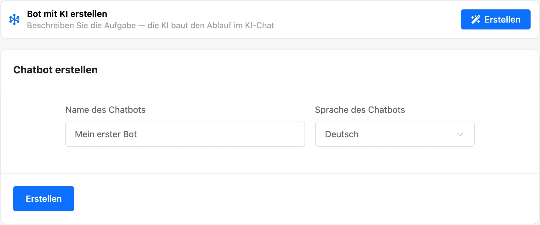 Formular zum Erstellen eines Bots: Block „Bot mit KI erstellen“, Name und Sprache