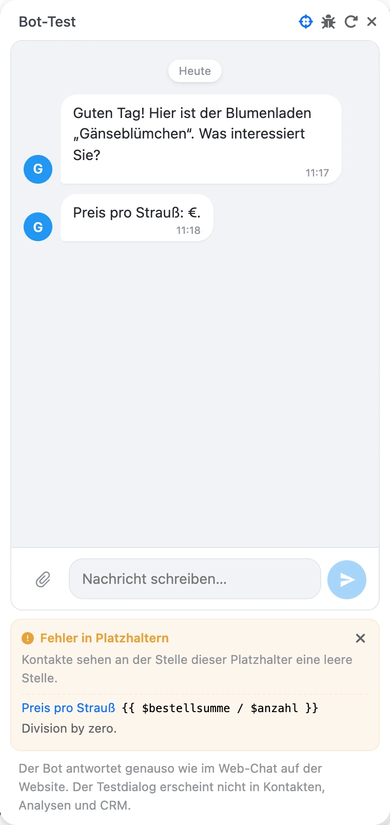Testfenster mit dem Bereich „Fehler in Platzhaltern“: Block, Platzhalter und Fehlerursache