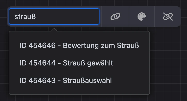 Blocksuche: die Anfrage „strauß“ und die Liste passender Blöcke mit ID