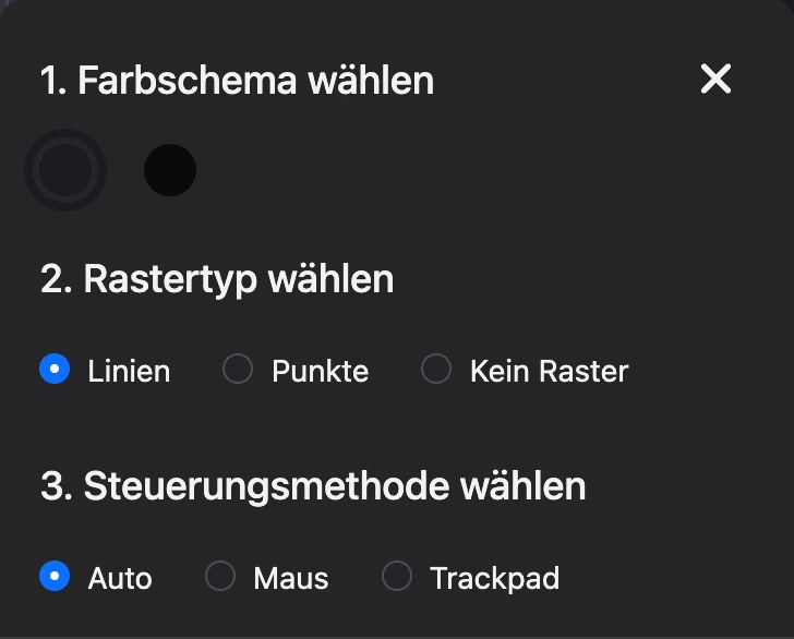 Fenster „Kartenfarbe und Raster“: Farbschema, Rastertyp und Steuerungsmethode