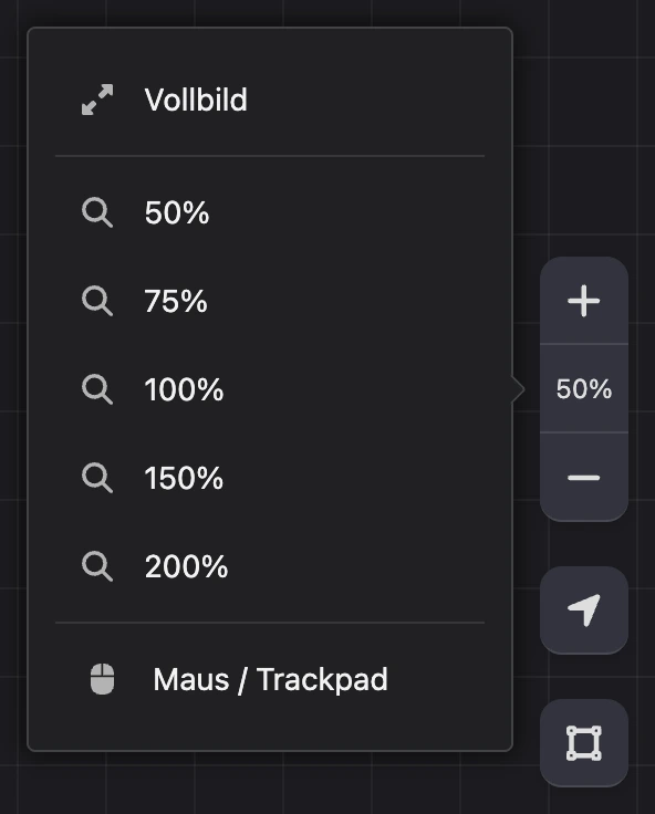 Zoomleiste mit geöffnetem Menü: „Vollbild“, 50–200 % und „Maus / Trackpad“
