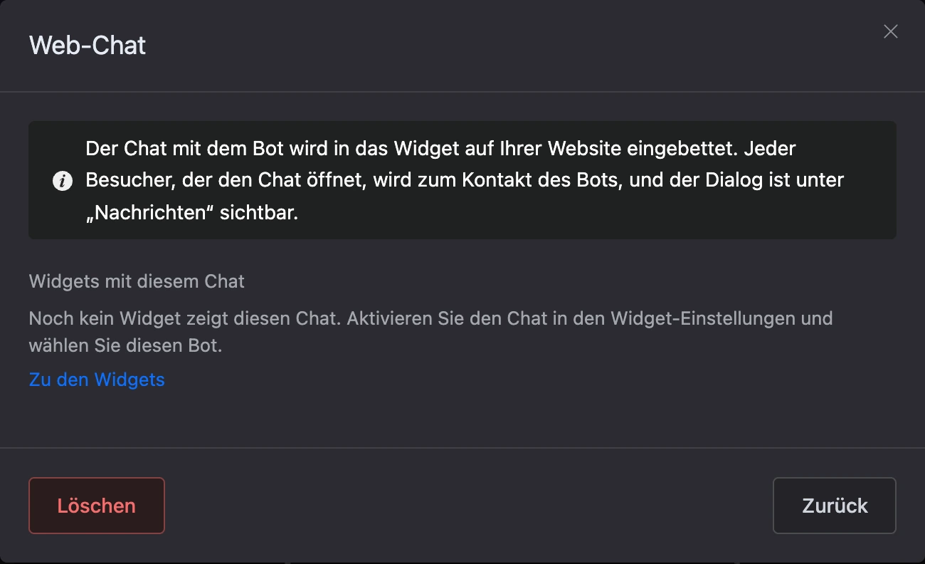 Fenster des Kanals „Web-Chat“: Beschreibung und Liste der Widgets mit diesem Chat