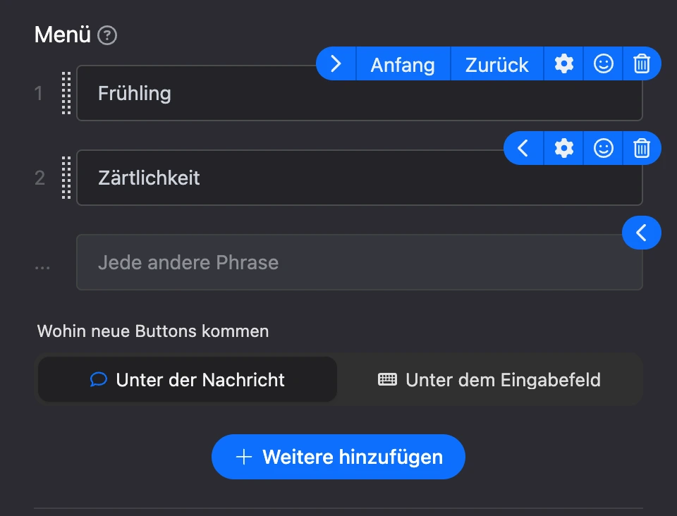 Bereich „Menü“: nummerierte Buttons, Symbole in der Button-Zeile, „Beliebige andere Phrase“ und wohin neue Buttons kommen
