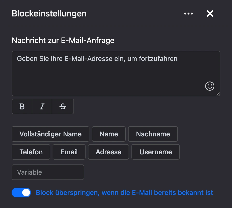 Einstellungspanel des Blocks „E-Mail-Anfrage“