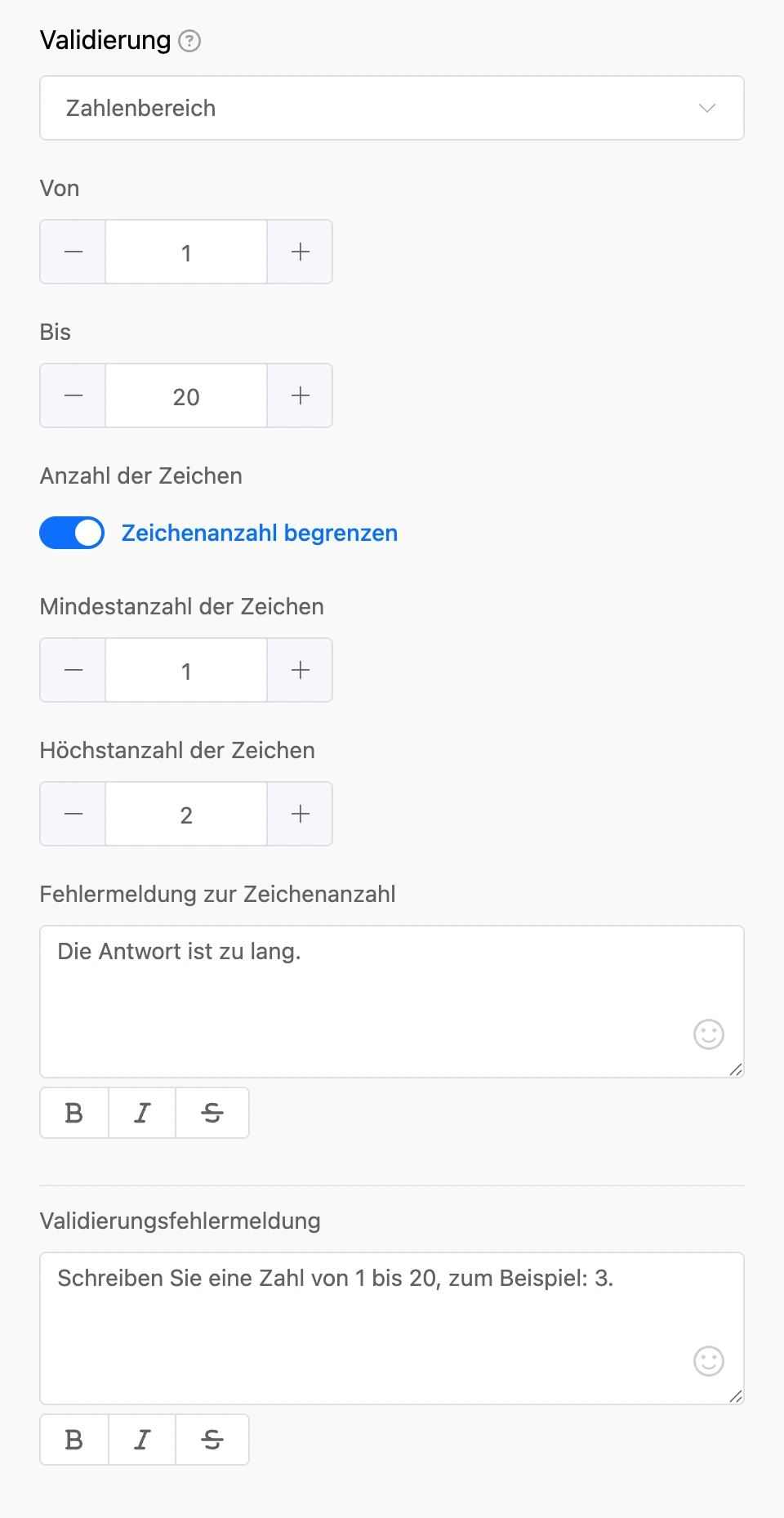 Bereich „Validierung“: Zahlenbereich von 1 bis 20, Zeichenbegrenzung und Fehlermeldungen