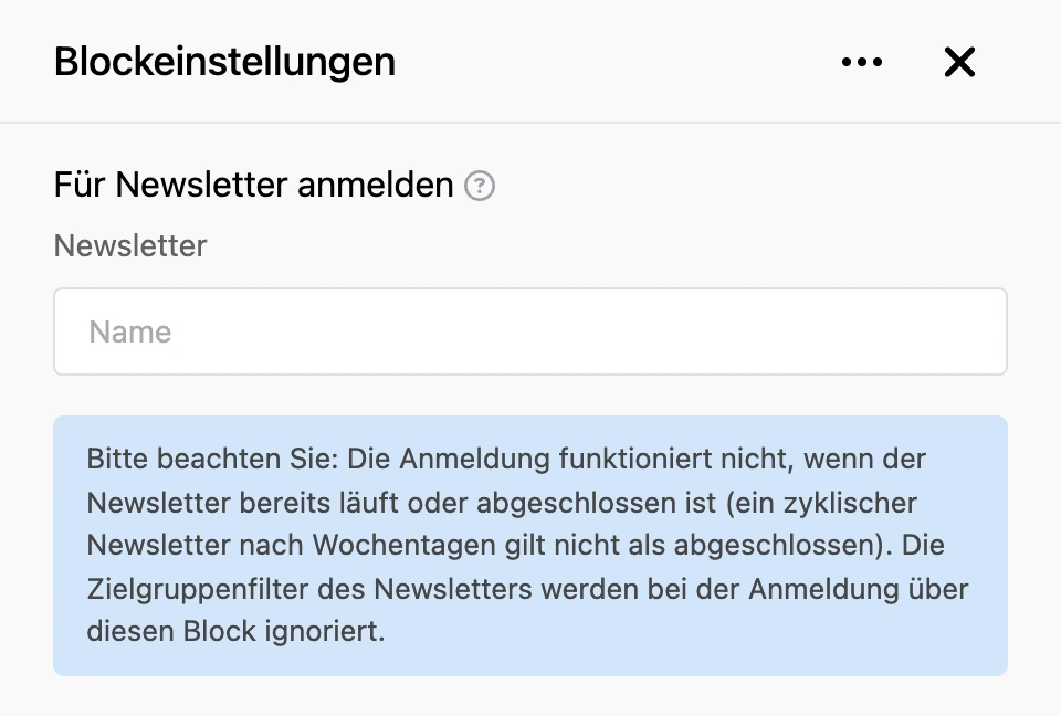Einstellungspanel des Blocks „Für Newsletter anmelden“