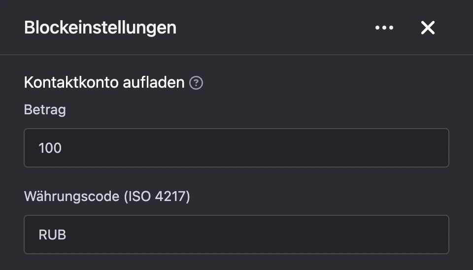 Einstellungspanel des Blocks „Kontaktkonto aufladen“