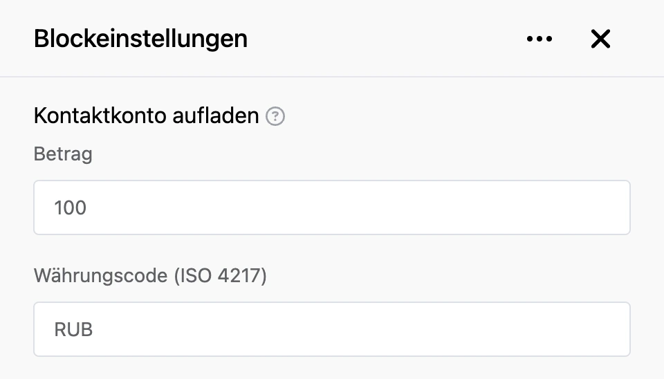 Einstellungspanel des Blocks „Kontaktkonto aufladen“