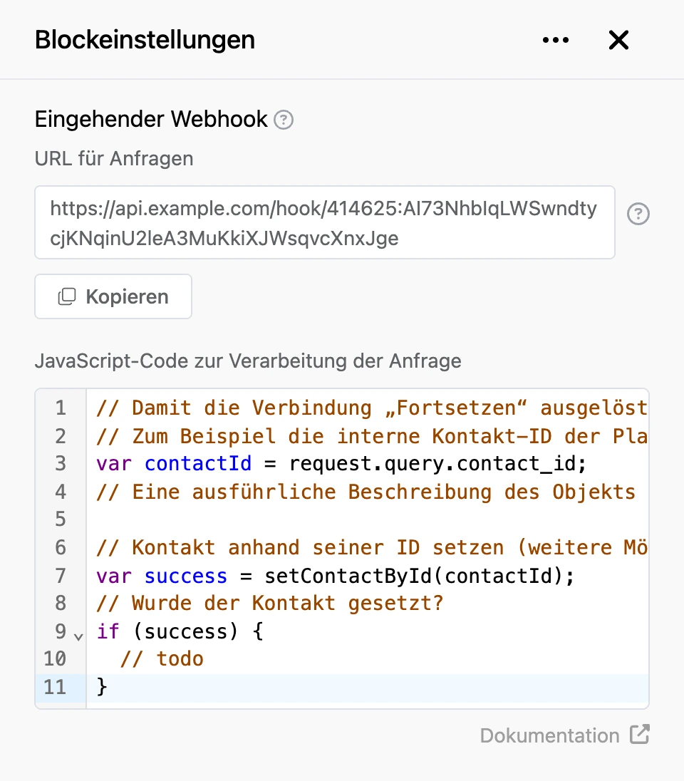Einstellungspanel des Blocks „Eingehender Webhook“