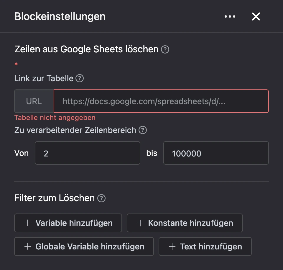 Einstellungspanel des Blocks „Zeilen aus Google Sheets löschen“