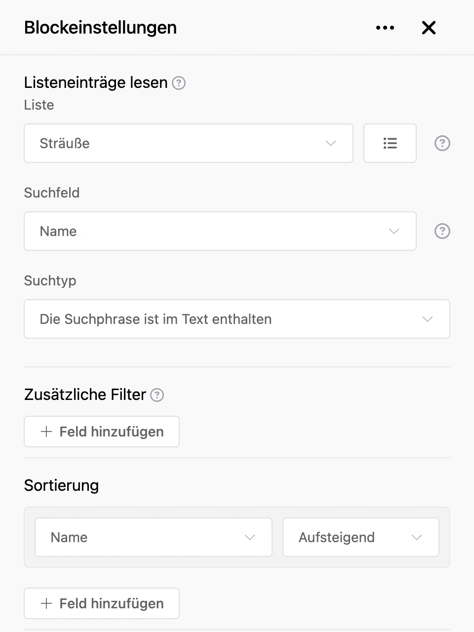 Einstellungspanel des Blocks „Listeneinträge lesen“