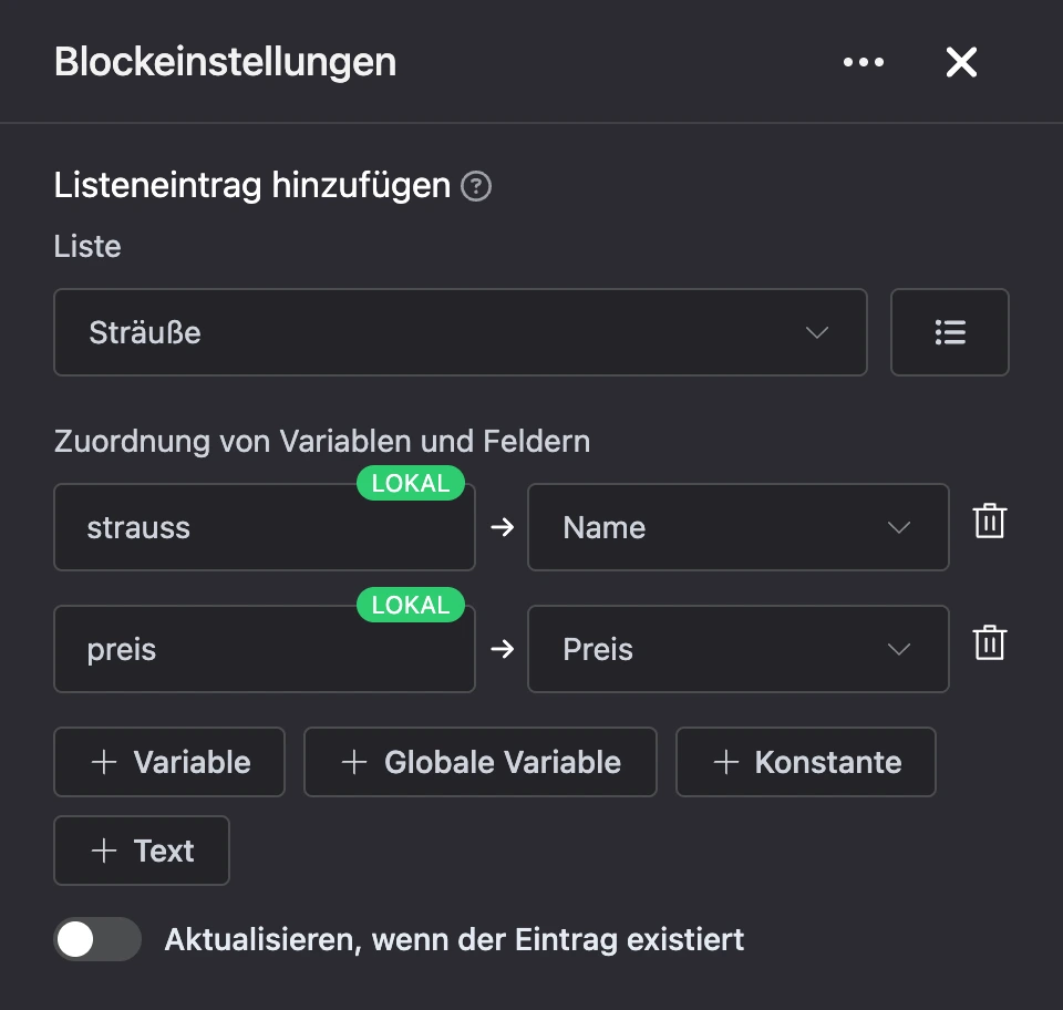 Einstellungspanel des Blocks „Listeneintrag hinzufügen“