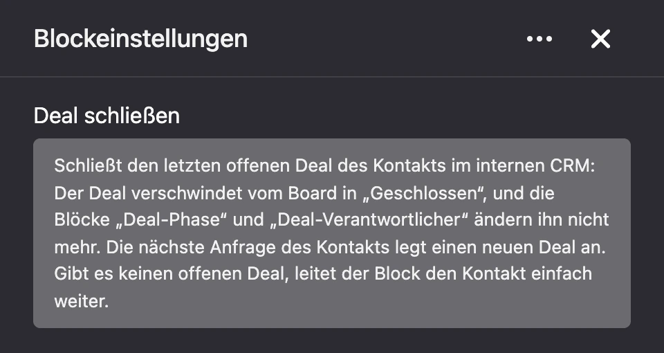 Einstellungspanel des Blocks „Deal schließen“