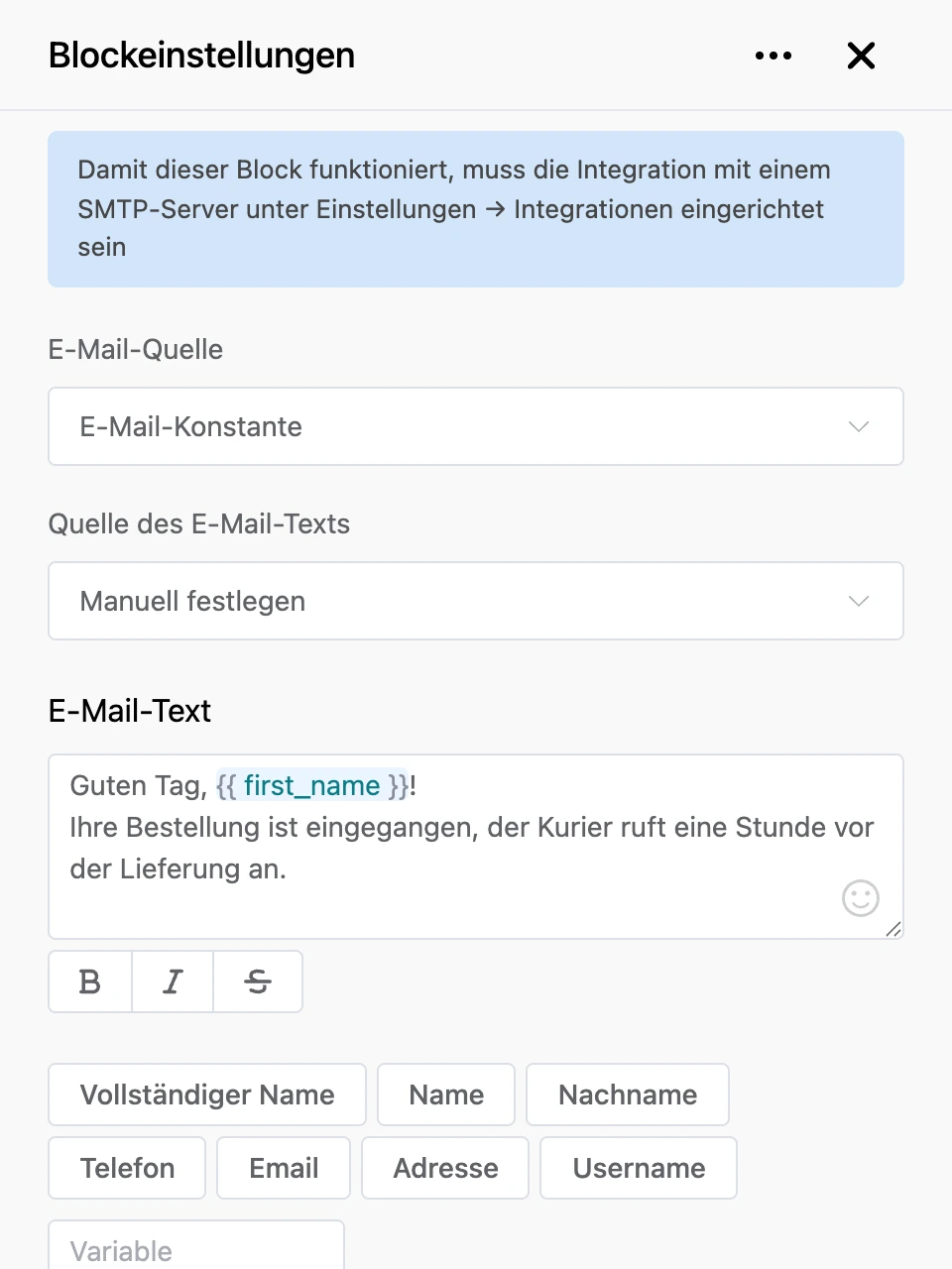Einstellungspanel des Blocks „E-Mail senden“