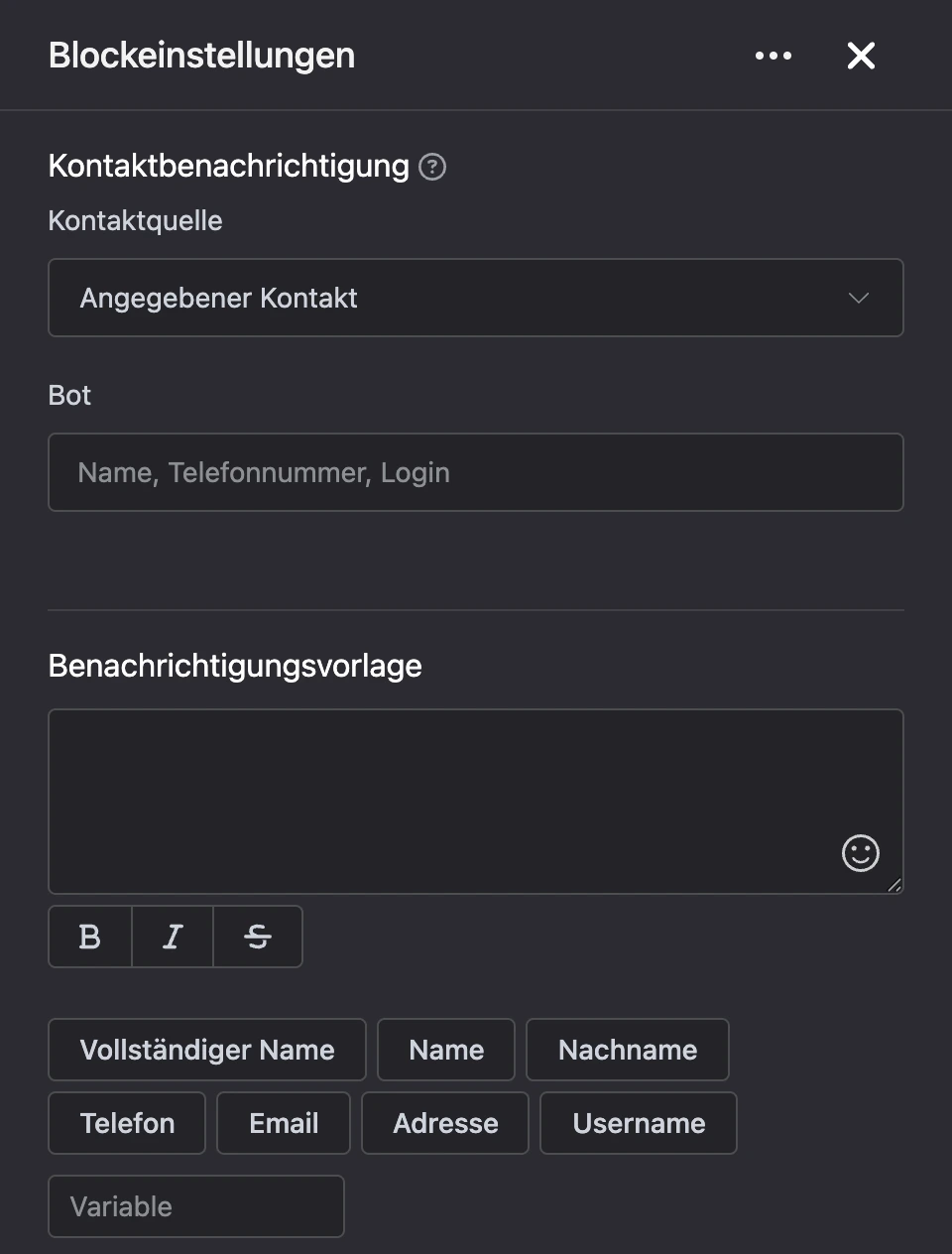 Einstellungspanel des Blocks „Kontaktbenachrichtigung“