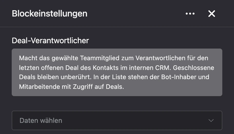 Einstellungspanel des Blocks „Deal-Verantwortlicher“