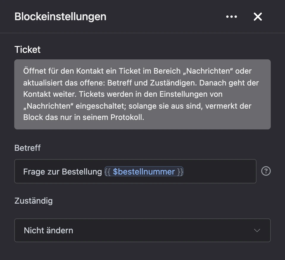 Einstellungspanel des Blocks „Ticket“
