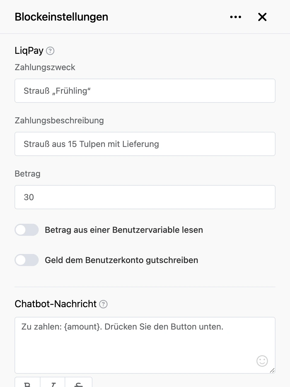 Einstellungspanel des Blocks „LiqPay“