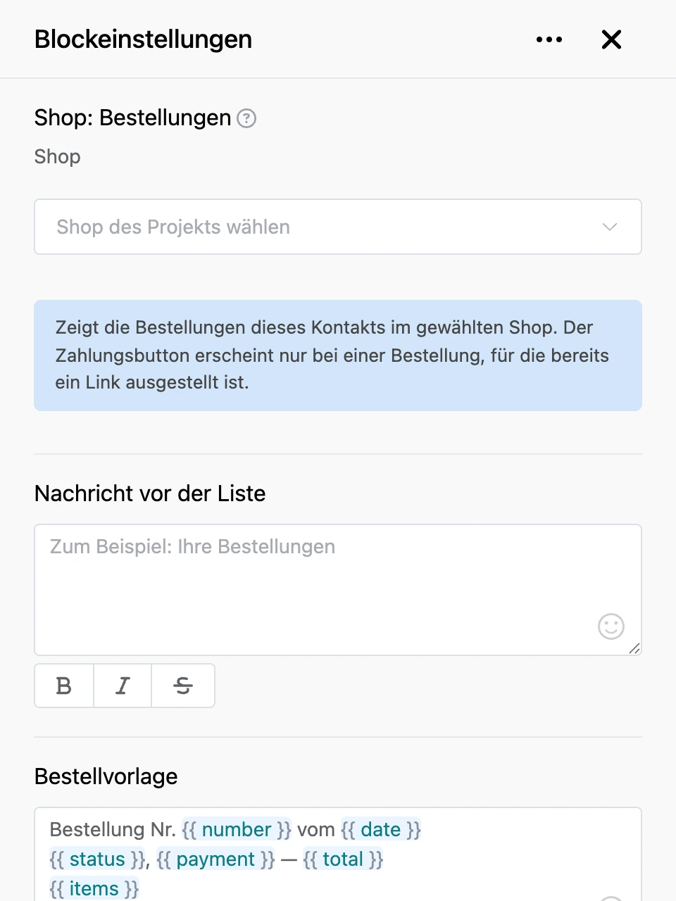 Einstellungspanel des Blocks „Shop: Bestellungen“