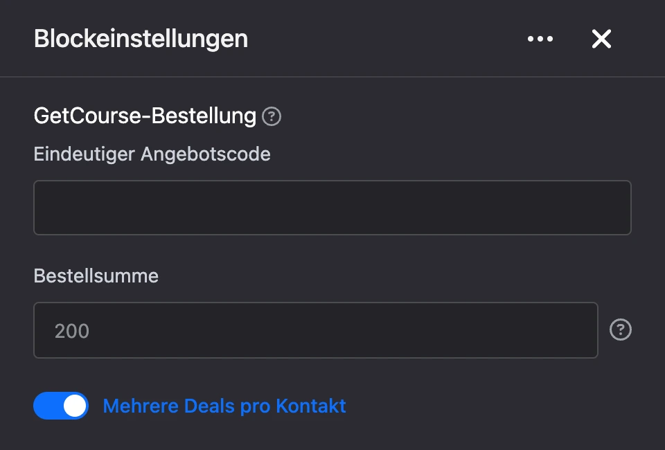 Einstellungspanel des Blocks „GetCourse-Bestellung“