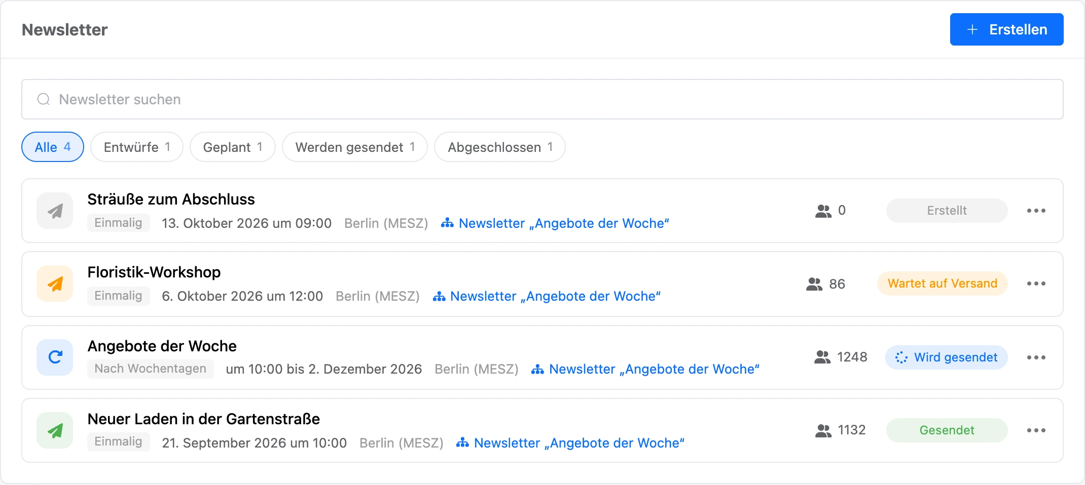 Liste der Newsletter des Bots: ein einmaliger, einer nach Wochentagen und ein abgeschlossener