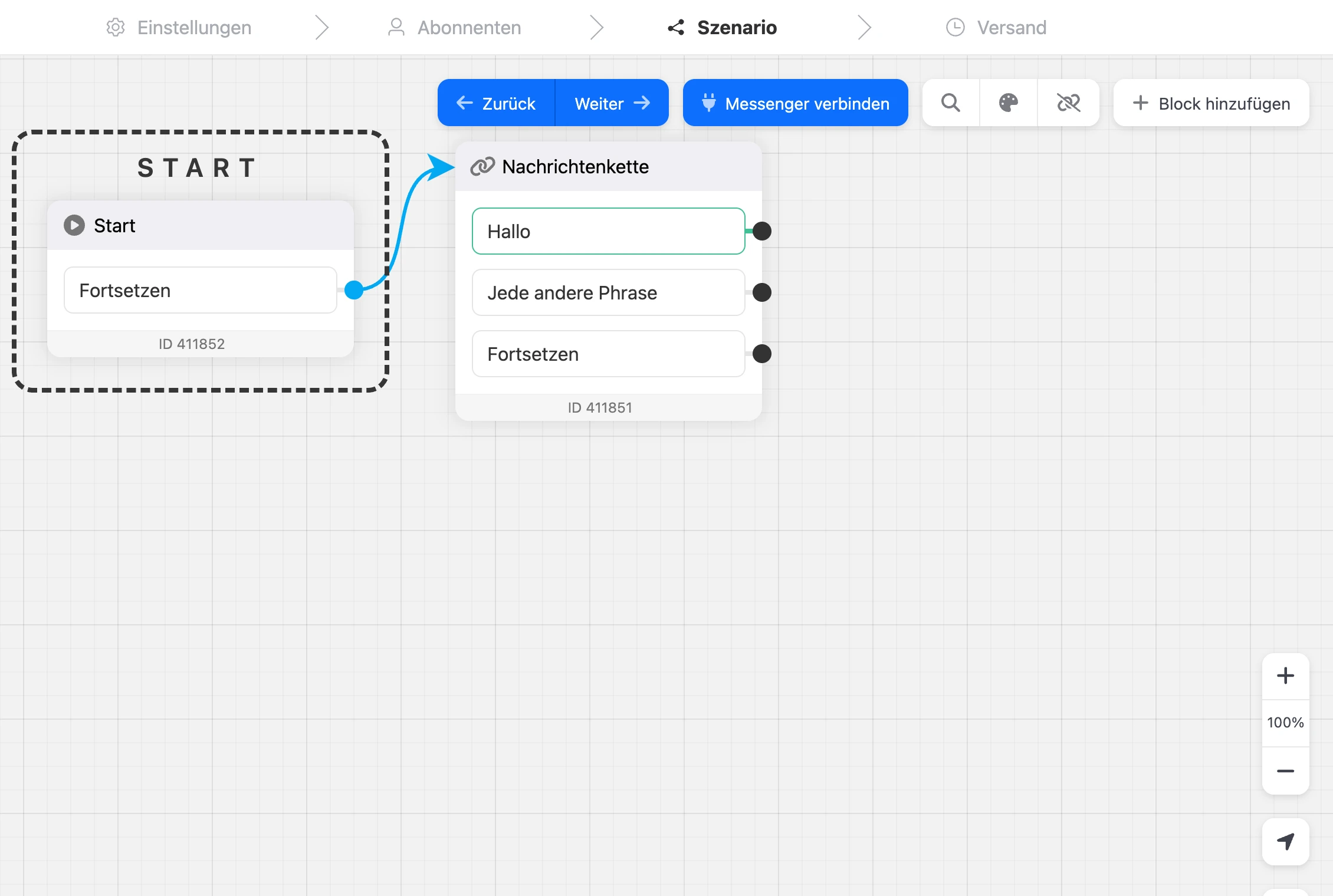 Ein Newsletter-Szenario im Builder — der Schritt „Szenario“ beim Erstellen eines Newsletters
