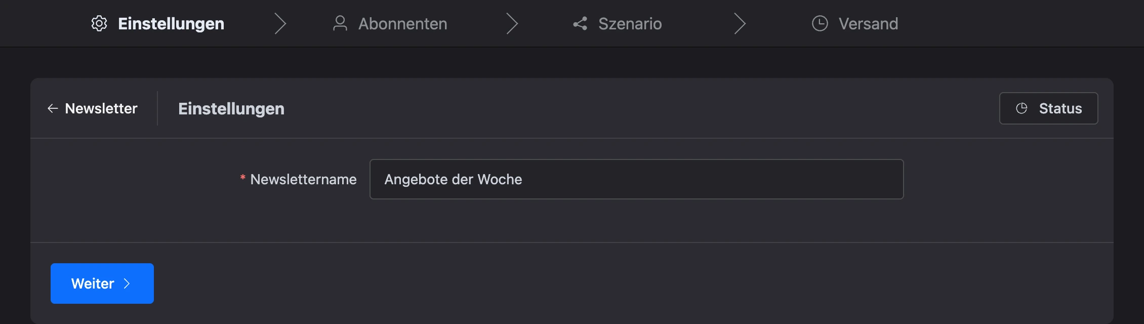 Schritt Einstellungen: Name des Newsletters