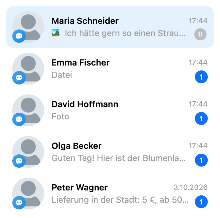 Liste der Dialoge: bei jedem Kontakt das Kanalsymbol, Uhrzeit oder Datum der letzten Nachricht, ihr Anfang und die Zahl der ungelesenen
