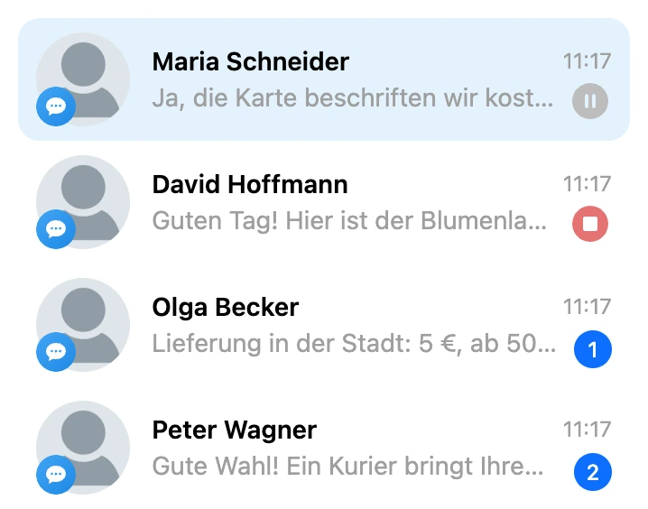 Dialogliste: Pausensymbol bei einem Kontakt, rotes Stoppsymbol bei einem anderen