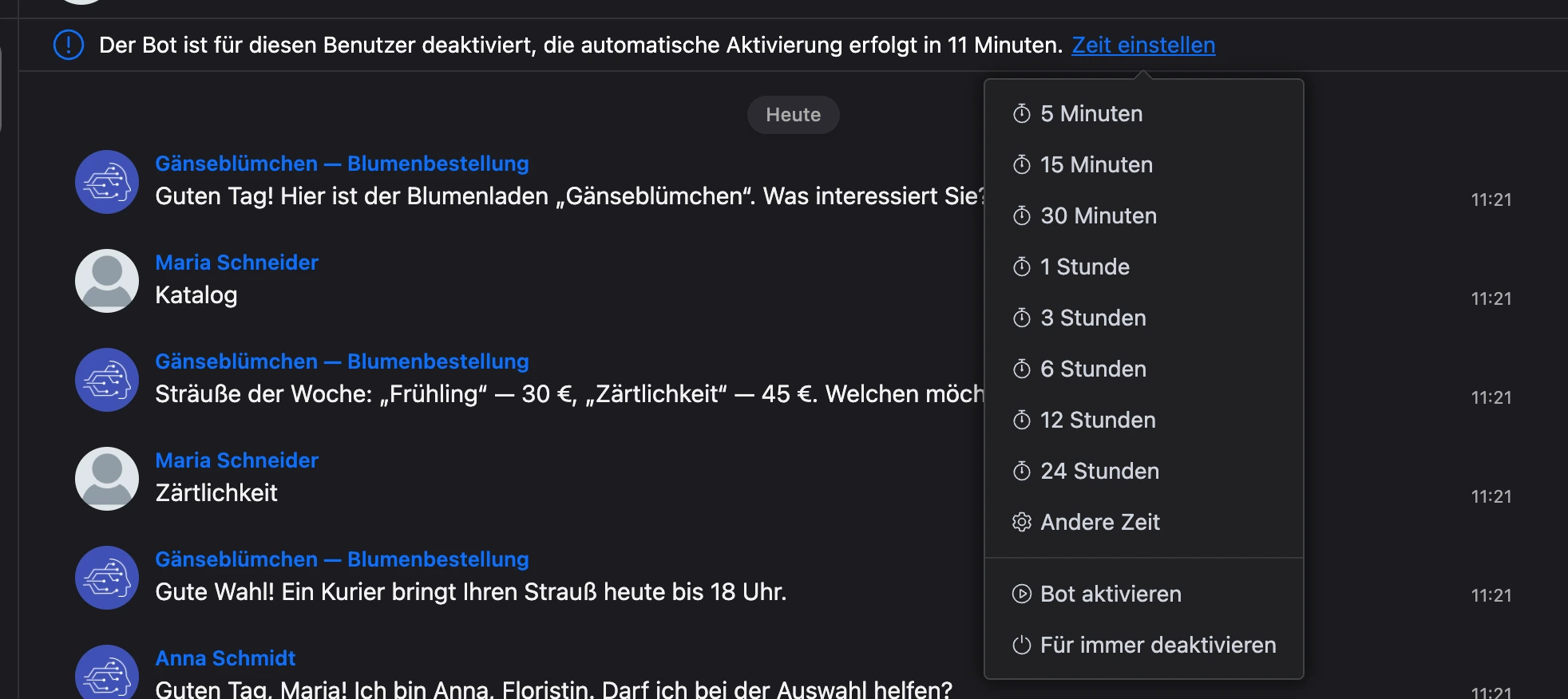 Menü „Zeit einstellen“: von 5 Minuten bis 24 Stunden, „Andere Zeit“, „Bot aktivieren“, „Dauerhaft deaktivieren“