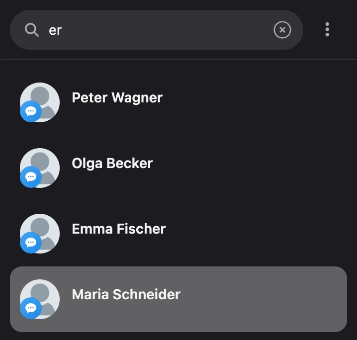 Suche nach einem Teil des Namens: unter dem Feld die gefundenen Kontakte