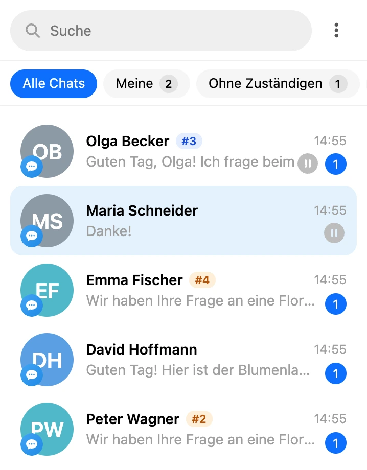 Die Dialogliste mit den Tabs „Alle Chats“, „Meine“ und „Ohne Zuständigen“; neben den Namen stehen Ticketnummern, die Farbe zeigt den Status