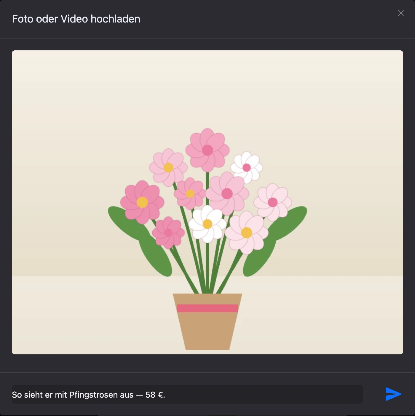 Fenster „Foto oder Video hochladen“ mit Bild und ausgefüllter Beschreibung