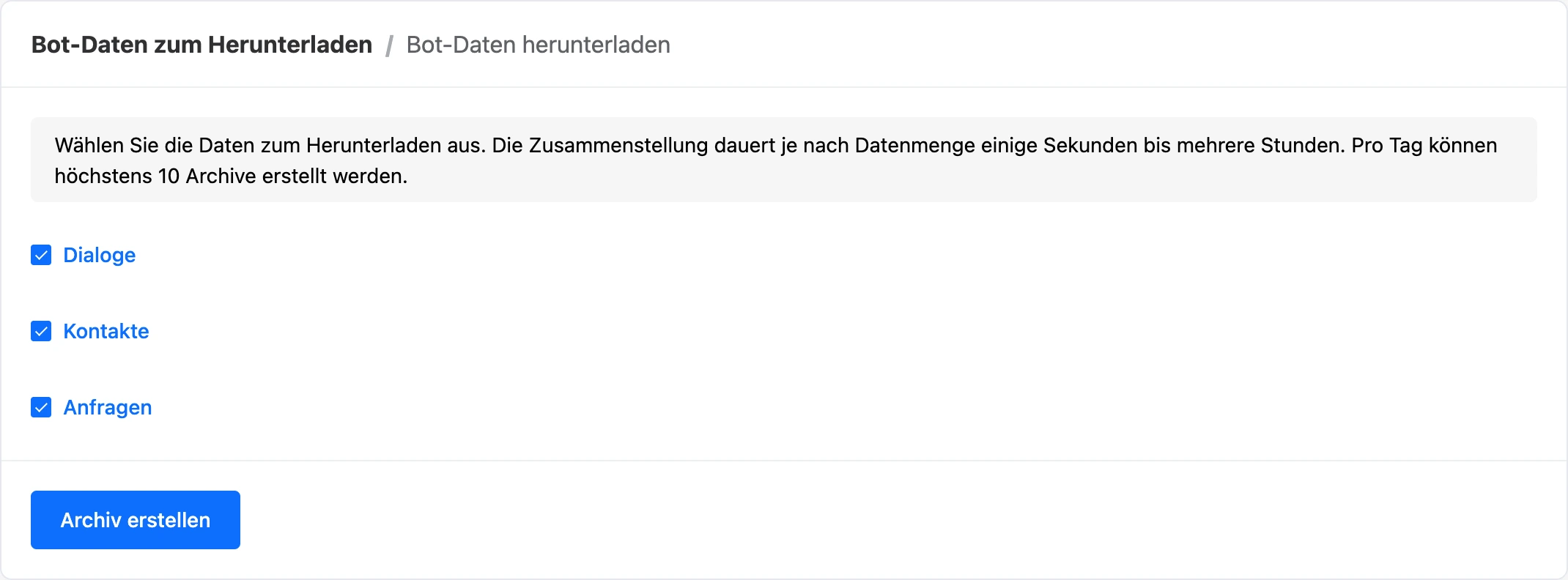 Archivanfrage mit markierten Dialogen, Kontakten und Anfragen