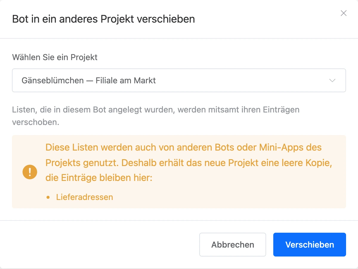 Fenster „Bot in ein anderes Projekt verschieben“ mit ausgewähltem Projekt