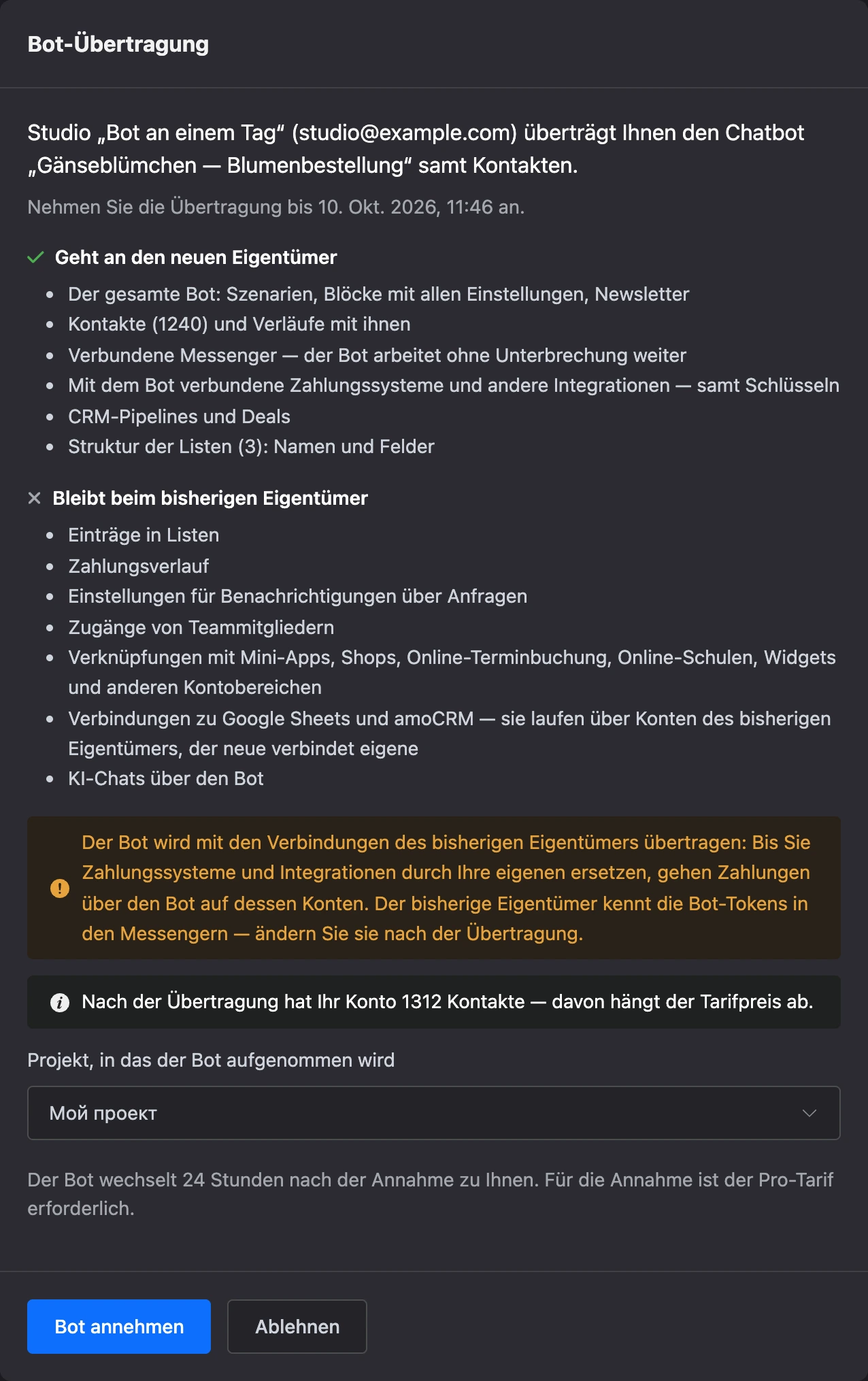 Seite „Bot-Übertragung“ beim Empfänger: was übergeht, Projekt und die Schaltflächen „Bot annehmen“ und „Ablehnen“