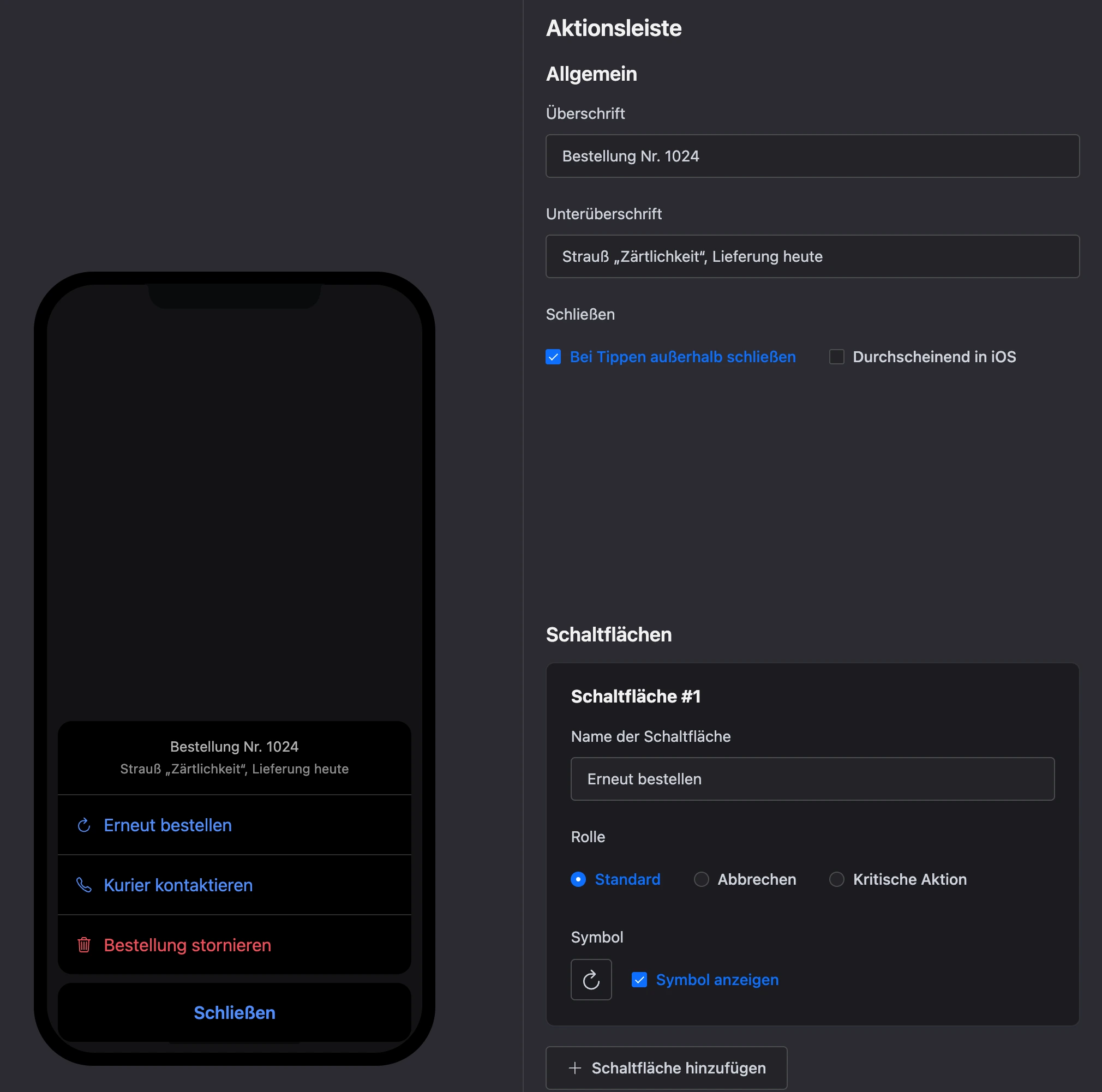 Block „Aktionsleiste“: die Leiste auf dem Telefon und die Einstellungen des ersten Buttons