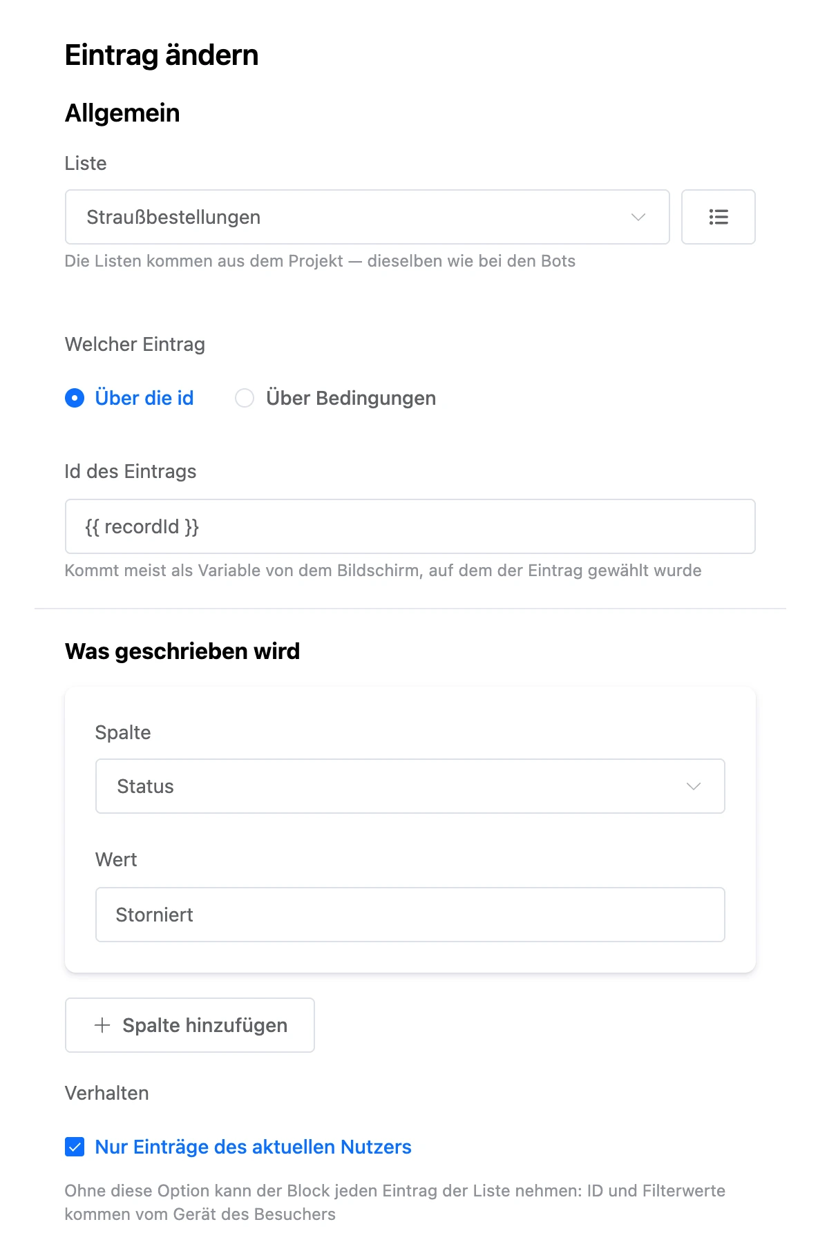 Block „Eintrag ändern“: Eintrag über die id, Spalte „Status“ und Wert