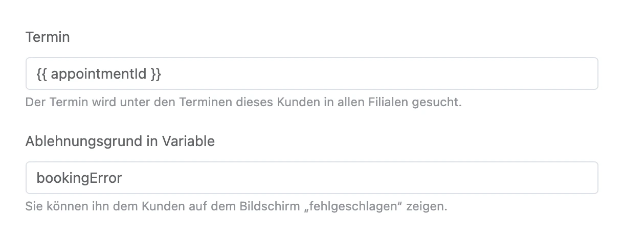 Block „Termin absagen“: Termin aus einer Variable und Ablehnungsgrund