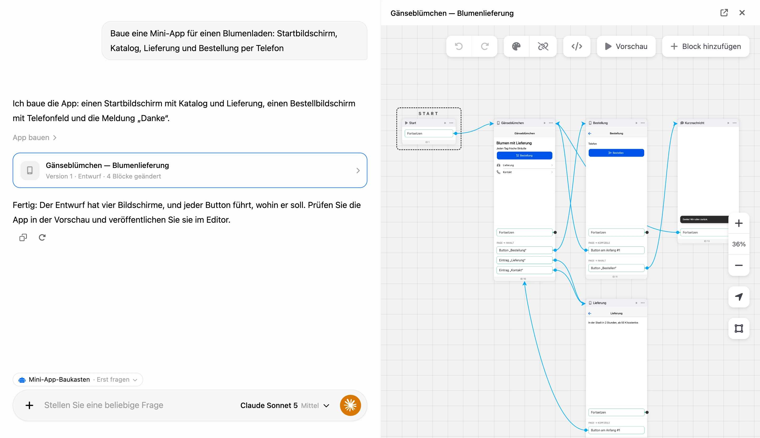 Aufbau im KI-Chat: die Karte der App im Verlauf und das Schema der App rechts