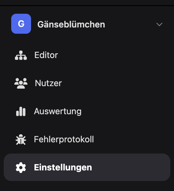 App-Menü: Umschalter und Bereiche