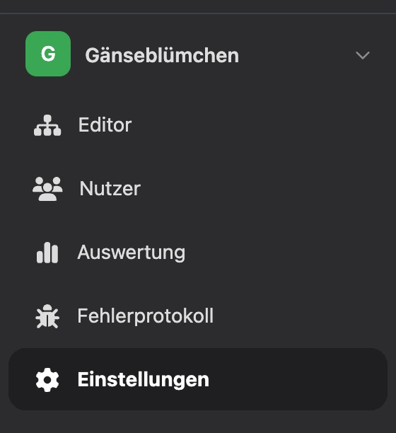 App-Menü: Umschalter und Bereiche