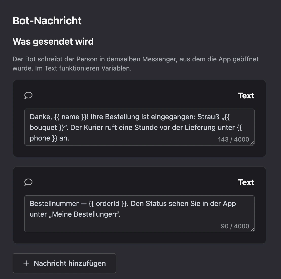 Block „Bot-Nachricht“: Kette aus zwei Nachrichten