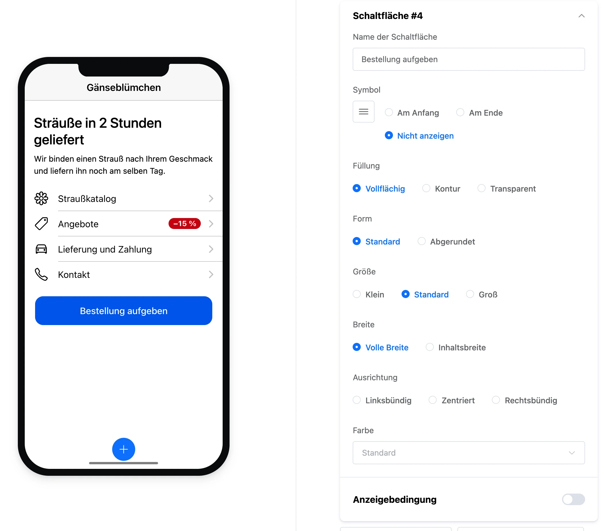 Bildschirm-Editor: Ein Klick auf die Schaltfläche im Smartphone hat ihre Einstellungen geöffnet