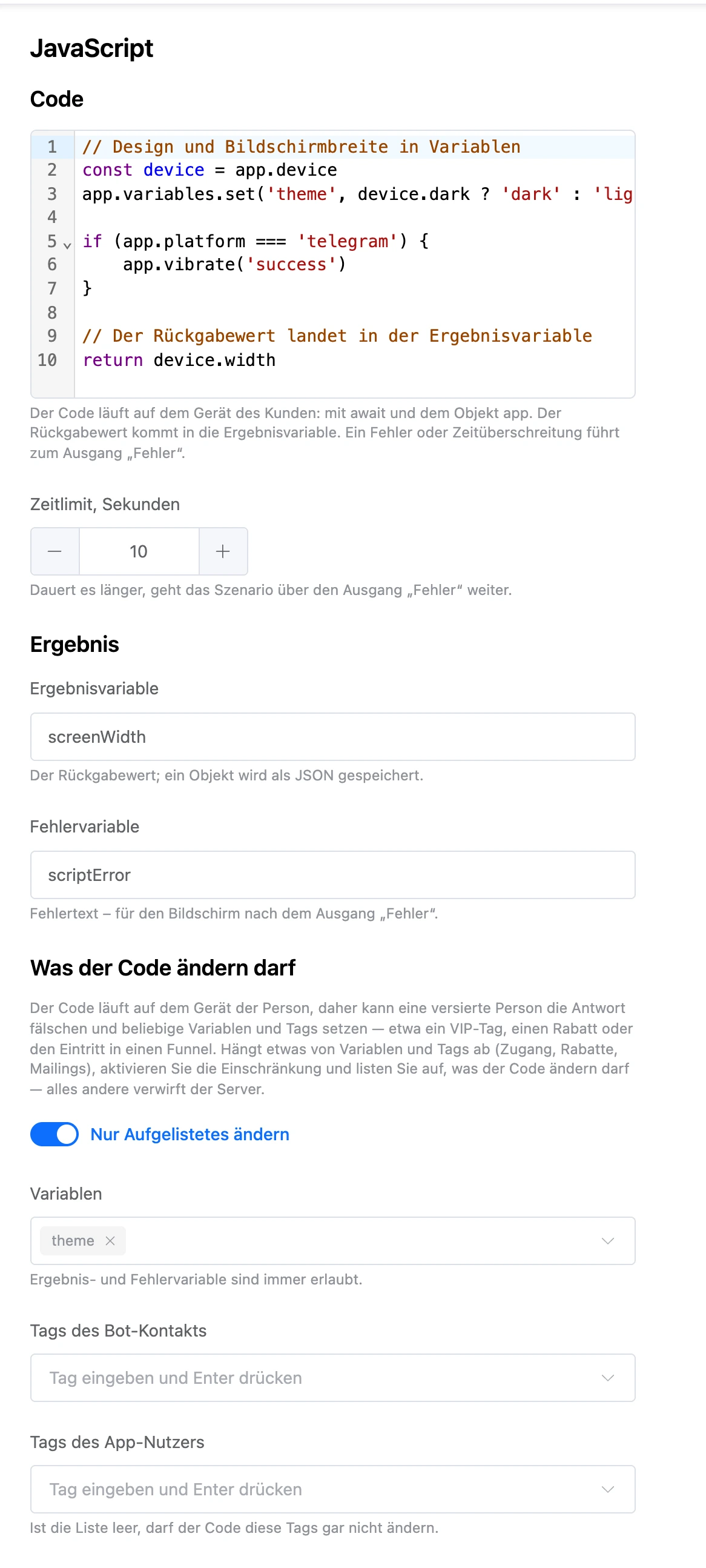 Einstellungen des Blocks „JavaScript“