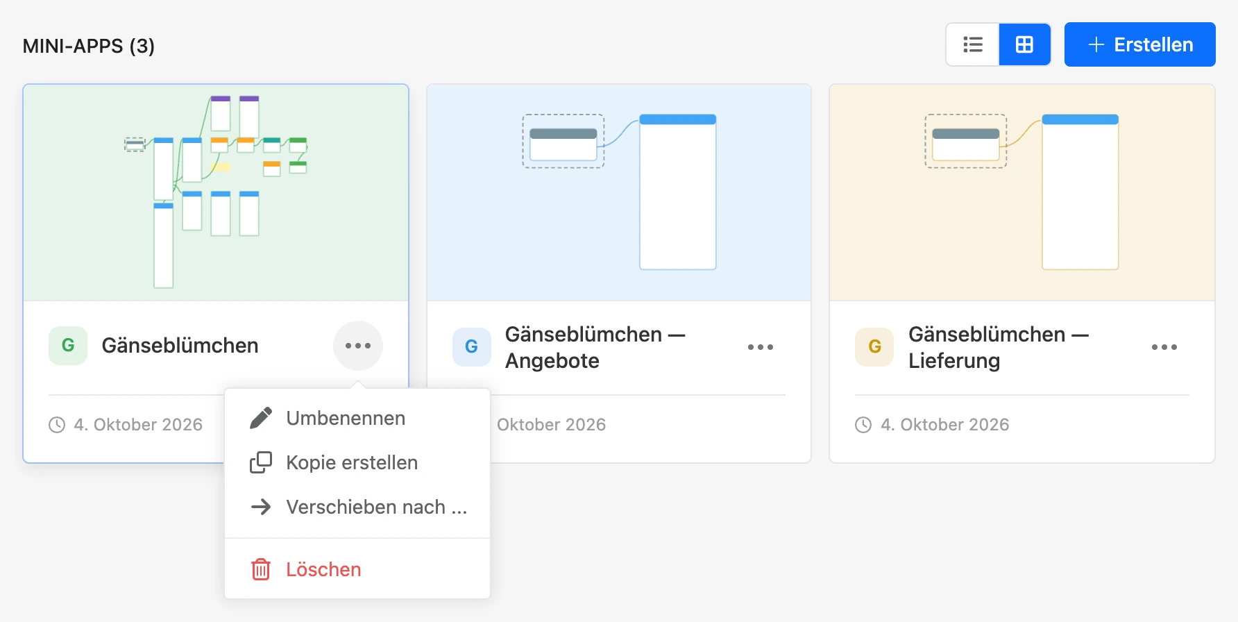 App-Liste als Karten und das Menü „⋯“