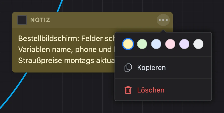 Notiz auf der Karte und ihr Menü: Farben, Kopieren, Löschen
