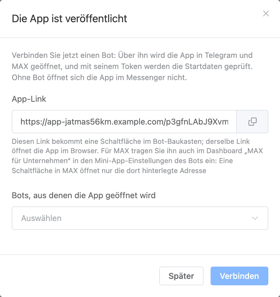 Fenster „App veröffentlicht“: Link und Bot-Auswahl