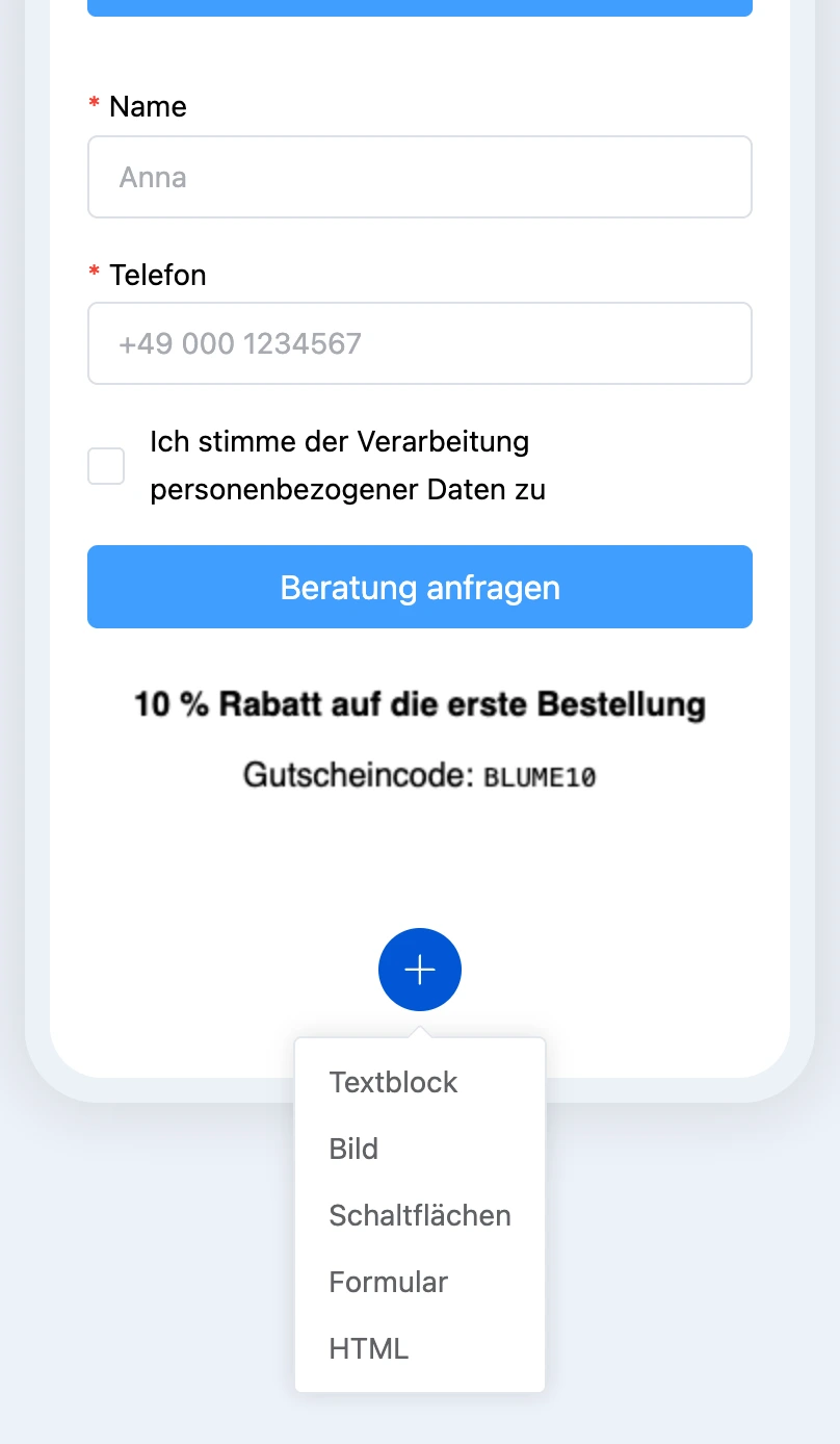 Menü „+“: Blockarten